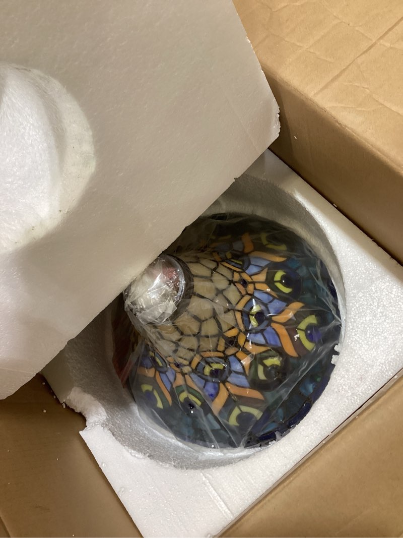 Condition photo showing As Is for jonathan y 70" bronze peacock tiffany-style torchiere led floor lamp, traditional stained glass standing lamp for living room, foot-switch, ul listed, led bulb included jyl8006a