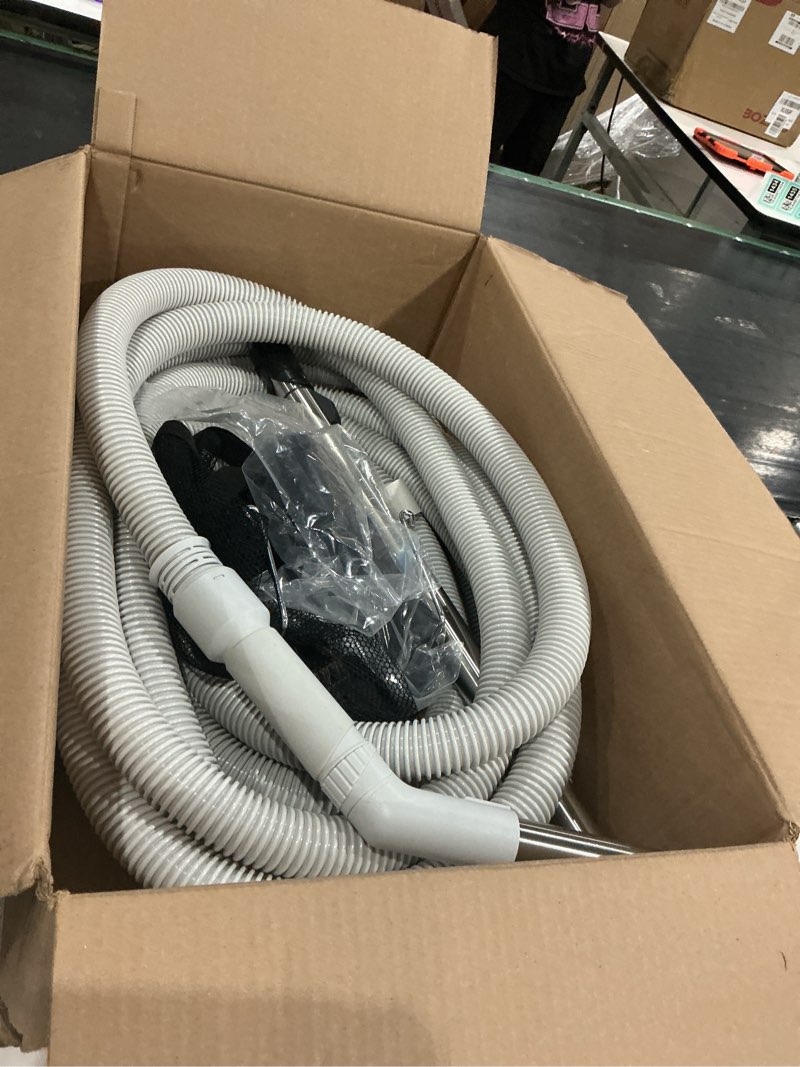 Condition photo showing As Is for ovo central vacuum garage kit, with 30ft straight air hose, 12’’ combo brush and accessories included, for hard surfaces, b, grey kit b