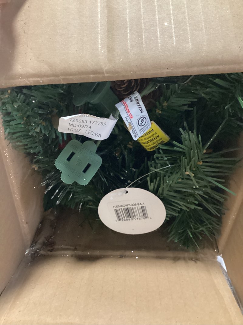 Condition photo showing New/Like New for National Tree Company 9 ft Pre-Lit Crestwood Spruce Artificial Christmas Garland, Christmas Decoration with Glitter, Pinecones, Red Berries, 50 Clear Lights, 180 Tips, Green Plug In Tree