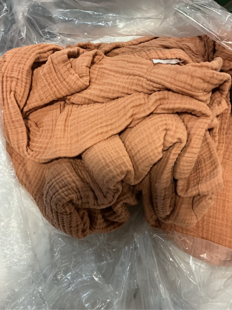 Condition photo showing As Is for organic cotton gauze blanket, full/queen, sedona