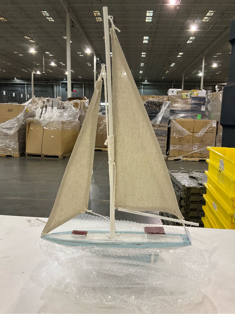Deco 79 Wood Sail Boat Decorative Sculpture Distressed Home Decor Statue with Cream Linen Sails and 