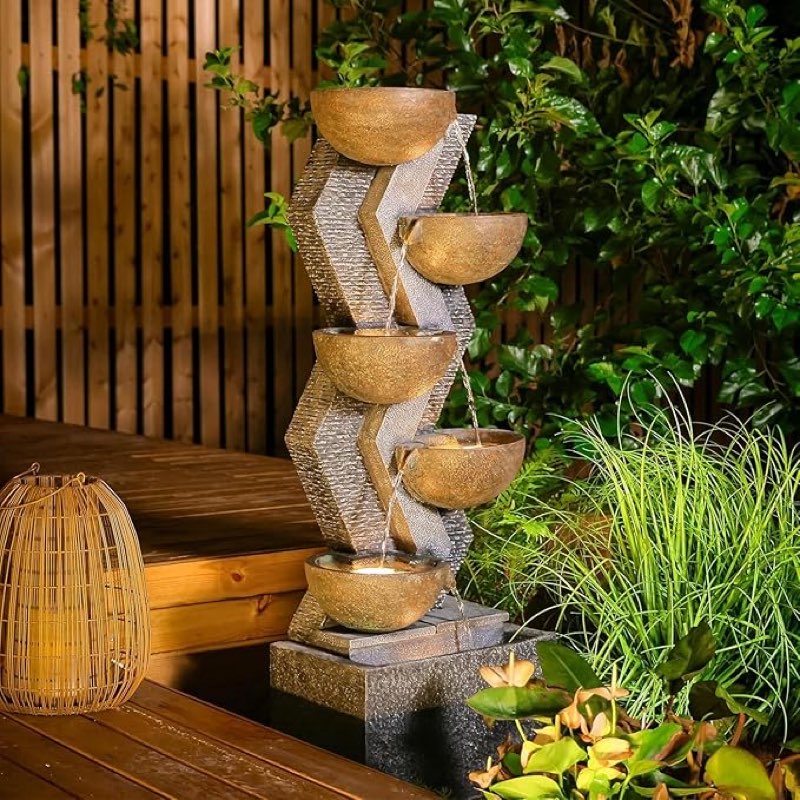 SERBILHOME 6-Tier Outdoor Water Fountains 48.75''H Large Fountain and Waterfalls with LED and Pump Floor Standing Waterfall for Garden, Patio, Backyard, Deck, Porch and Home Art Decor