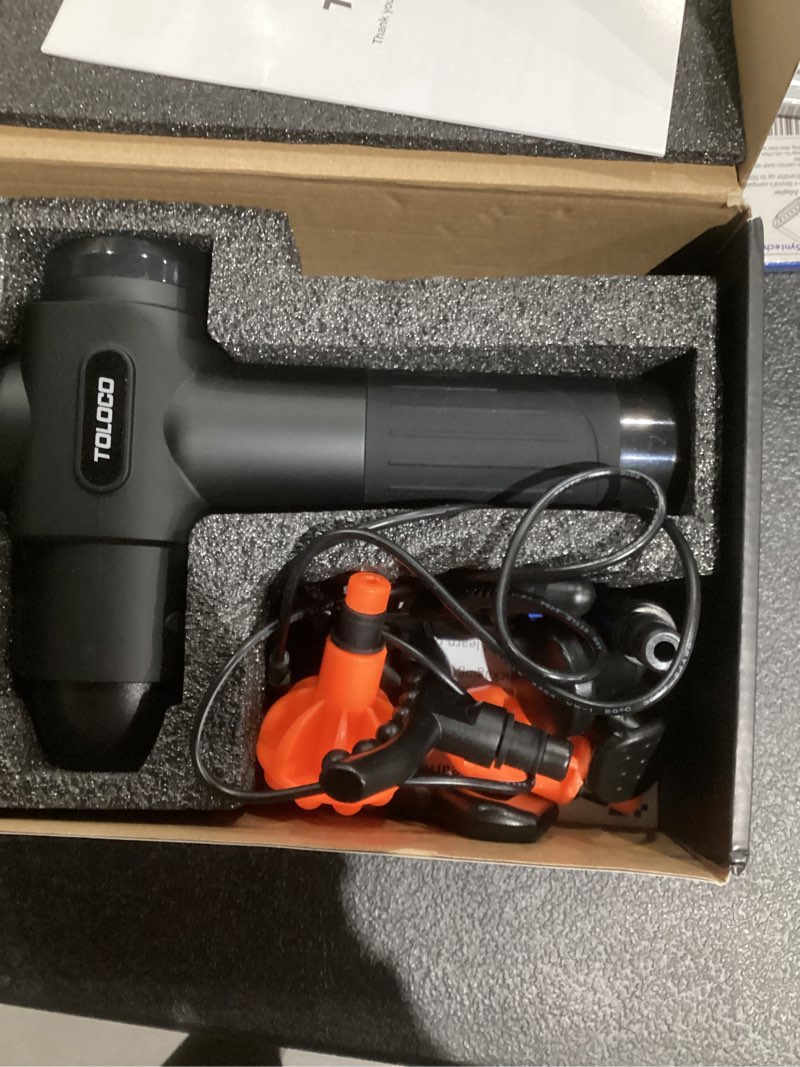 Condition photo showing As Is for toloco massage gun, deep tissue back massage for athletes for pain relief, percussion massager with 10 massages heads & silent brushless motor, valentines day gifts for him her, black