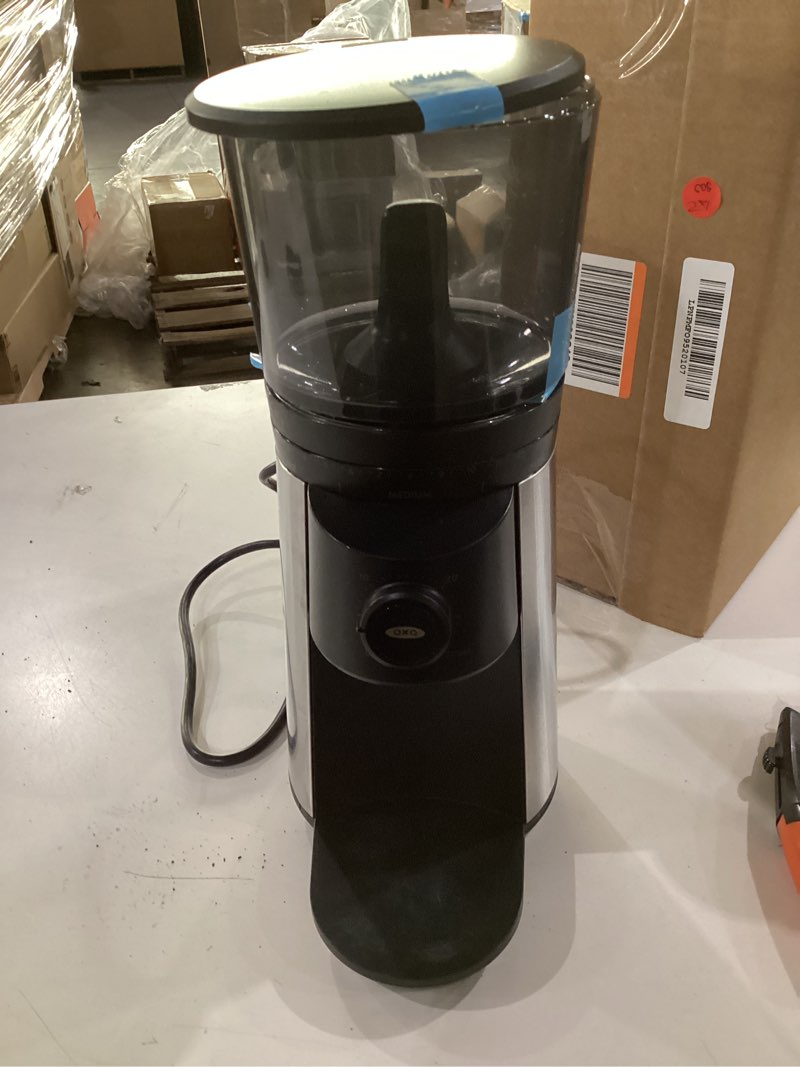 Condition photo showing As Is for OXO Brew Conical Burr Coffee Grinder - Silver, Stainless Steel Burrs, One-Touch Automatic Smart Grind