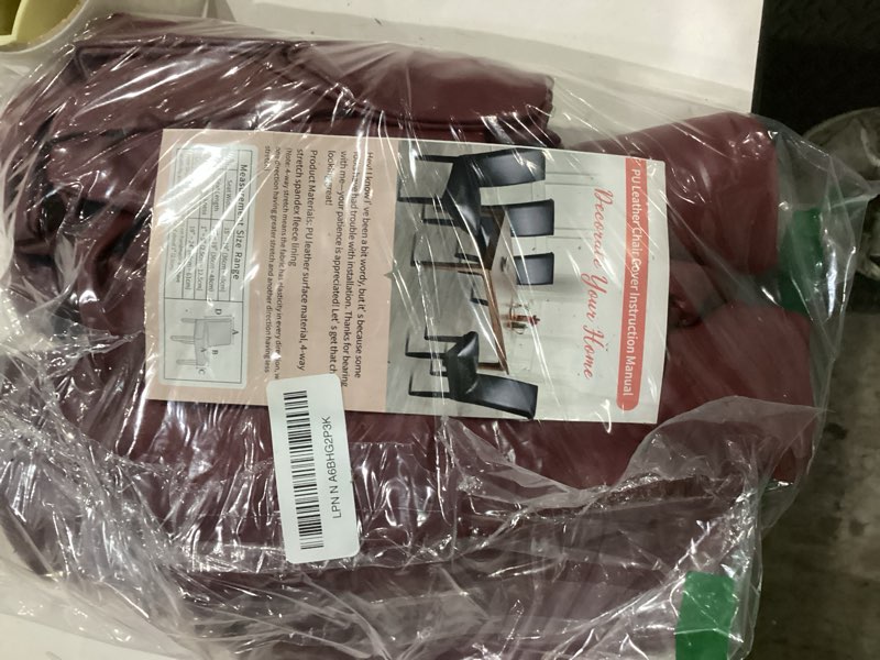 Condition photo showing As Is for Wine Red Leather Chair Covers for Dining Chairs Set of 4, Faux Leather Dining Chair Covers Removable Wipeable Parson Chair Cover Leather, Stretch Waterproof Chair Cover for Dining Chairs Wine Red 4 Pcs