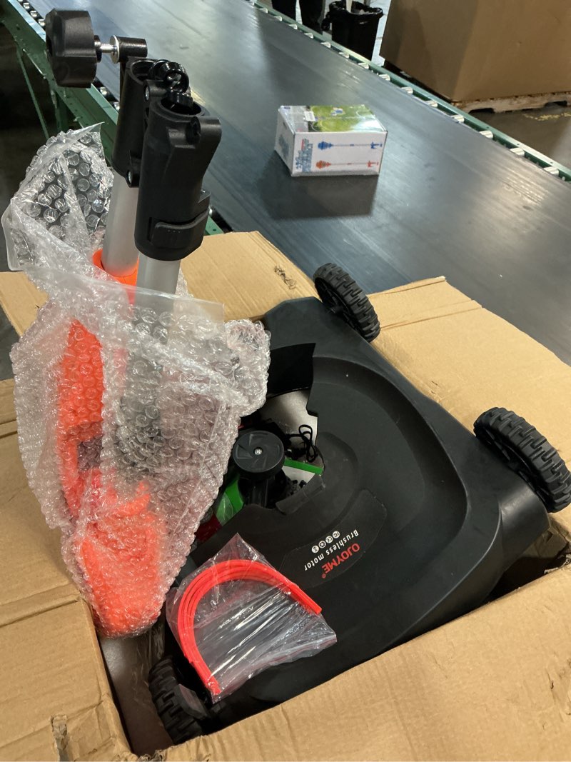 Condition photo showing As Is for black+decker weed eater, lawn edger and cordless lawn mower 3 in 1 combo, includes (2) batteries, charger, 12 inch battery powered string trimmer and lawnmower, adjustable length and height (mtc220) 3-in-1 mower only