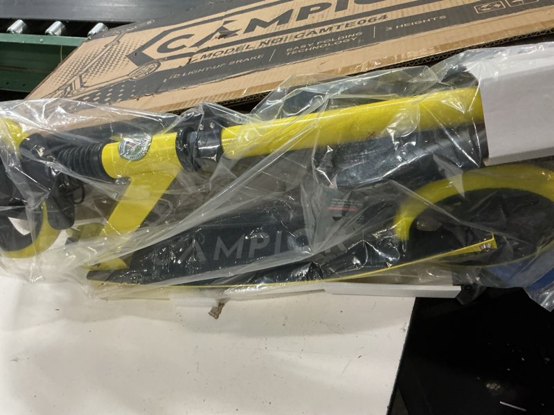 Condition photo showing New/Like New for campior kick scooter for ages 6+, for kids, teens, and adults, max load 240 lbs, foldable, 8-inch big wheels for kids and adults, with kickstand, 3 adjustable levels, child safety approved, yellow