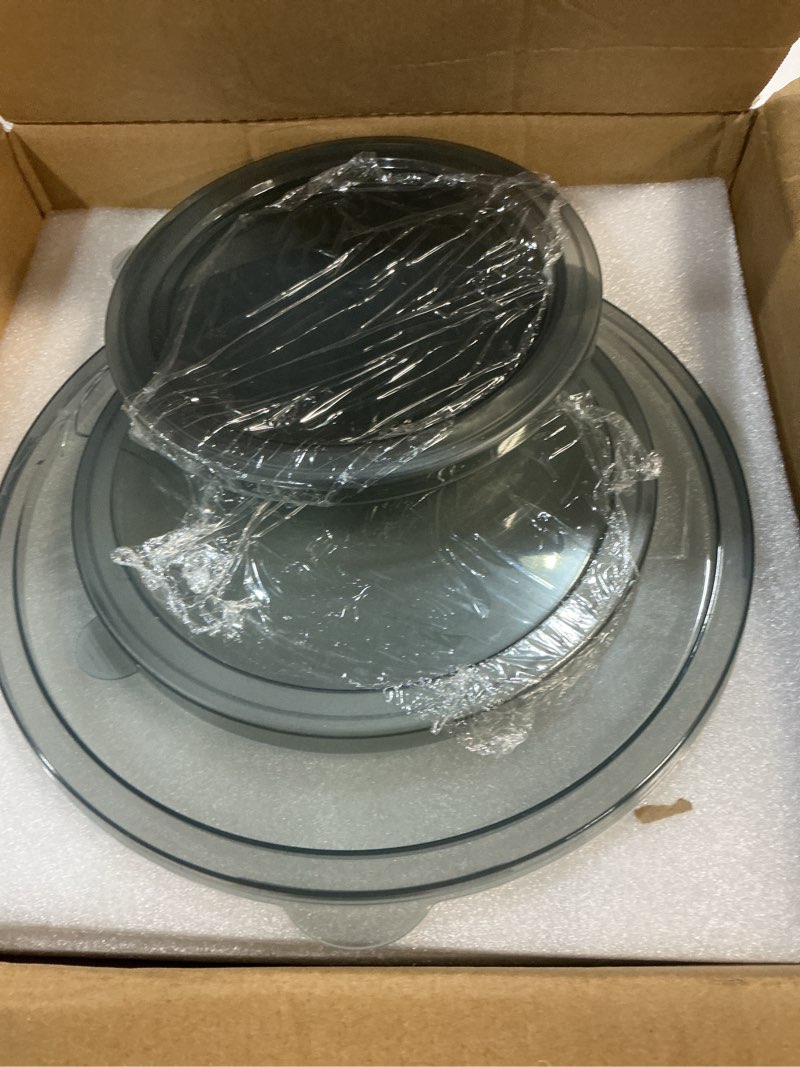 Condition photo showing Good Condition for glass mixing bowls with lids set of 5(4.78qt,2.2qt,1.7qt,1.1qt,0.85qt),thick glass nesting bowls for kitchen baking,cooking prep,storage,serving,large salad bowls,dishwasher microwave freezer safe transparent