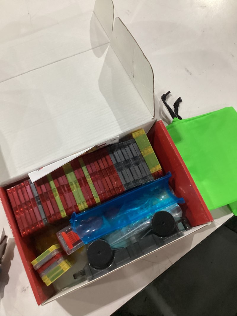 Condition photo showing As Is for ** incomplete ** magnetic tiles for kids, 56pcs construction magnet tiles with fire truck station, building, road, crane, car truck - stem magnetic blocks for kids ages 4-8, toys for 4 5 year old boys birthday gifts 56pcs fire station magnetic tiles