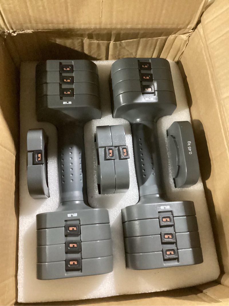 Condition photo showing New/Like New for feierdun 5-in-1 adjustable dumbbell set of 2, 12lbs/20lbs hand weights for women, men, 1s-adjust dual-stable dumbbell set for women home gym & outdoor 10lbs pair (20lbs total) a-strength grey