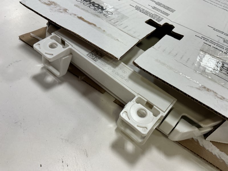 Condition photo showing As Is for Kohler K-20110-0 Brevia Elongated Toilet Seat with Grip-Tight Bumpers, Quiet-Close Seat, Quick-Attach Hardware, White