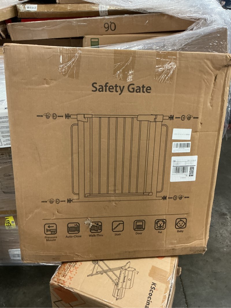 Condition photo showing As Is for extra wide baby gate with door 53.4-62 inch pressure mounted, auto close child baby gates for doorways no drill, walk through dog gate indoor for the house, white