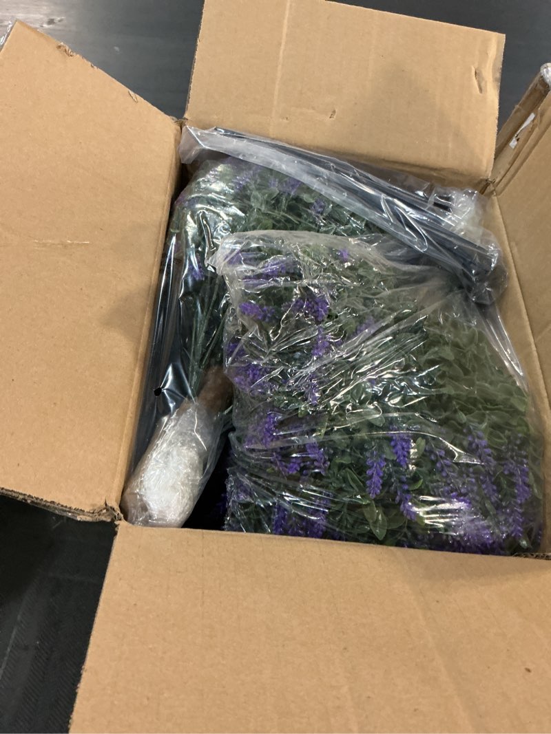 Condition photo showing Good Condition for 24" artificial boxwood topiary trees, uv resistant faux plants shrubs bushes fake greenery plants for front door indoor outdoor home decor with metallic spike lavender ball tree