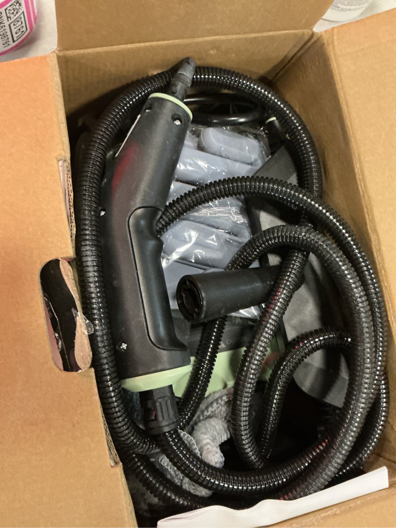 Condition photo showing As Is for steam cleaner, portable steamer for cleaning with 16pcs accessories, 6-level adjustable and 15s heat-up, handheld steam cleaner for home, tile, dirt, grout, grease, car detailing green