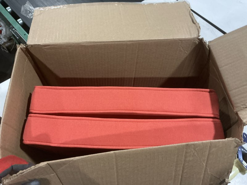 Condition photo showing Good Condition for outdoor 18 inch square patio dining chair pads – comfortable fiber-filled seat cushions with ties, reversible polyester fabric - coral, set of 2 coral set of 2