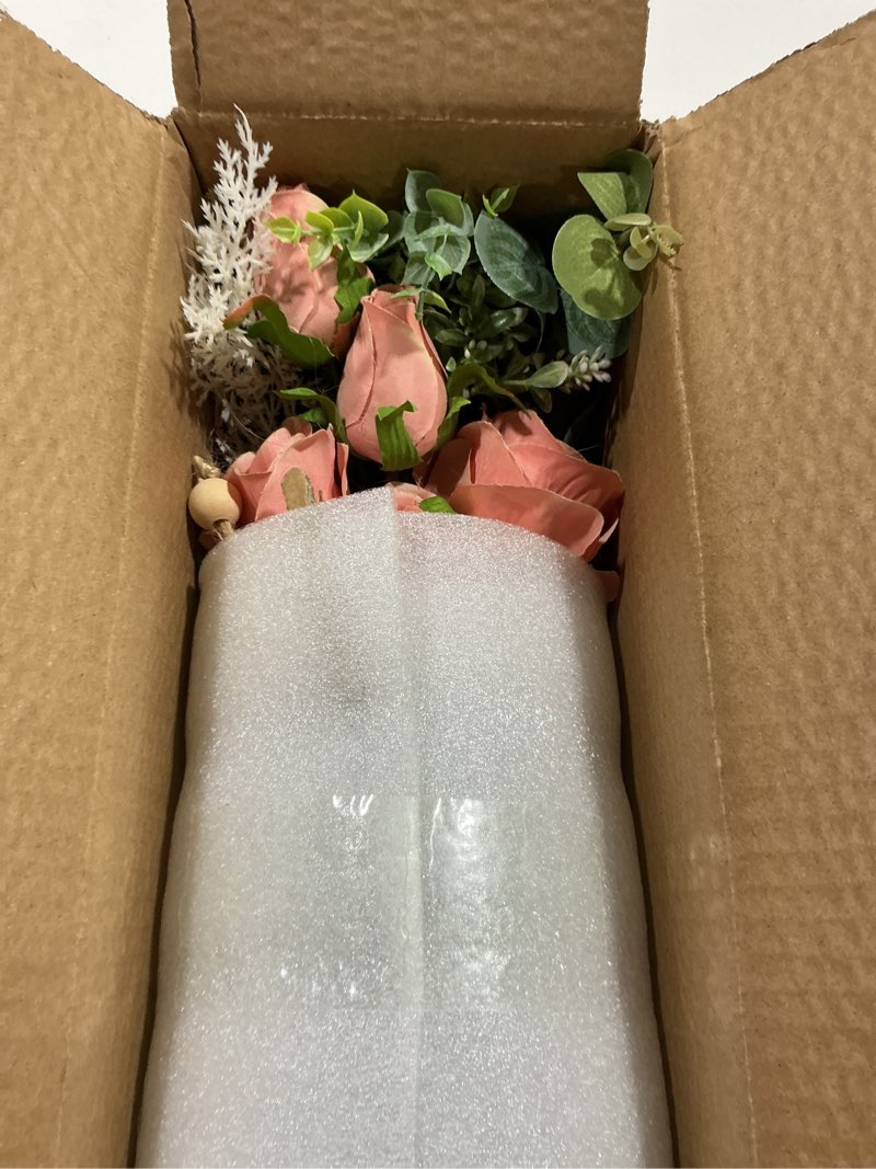 Condition photo showing Good Condition for faux flowers with vase,artificial silk roses in vase, fake plant eucalyptus flower arrangement for home office farmhouse bathroom dining table centerpiece decorations coffee table decor (dusty pink)