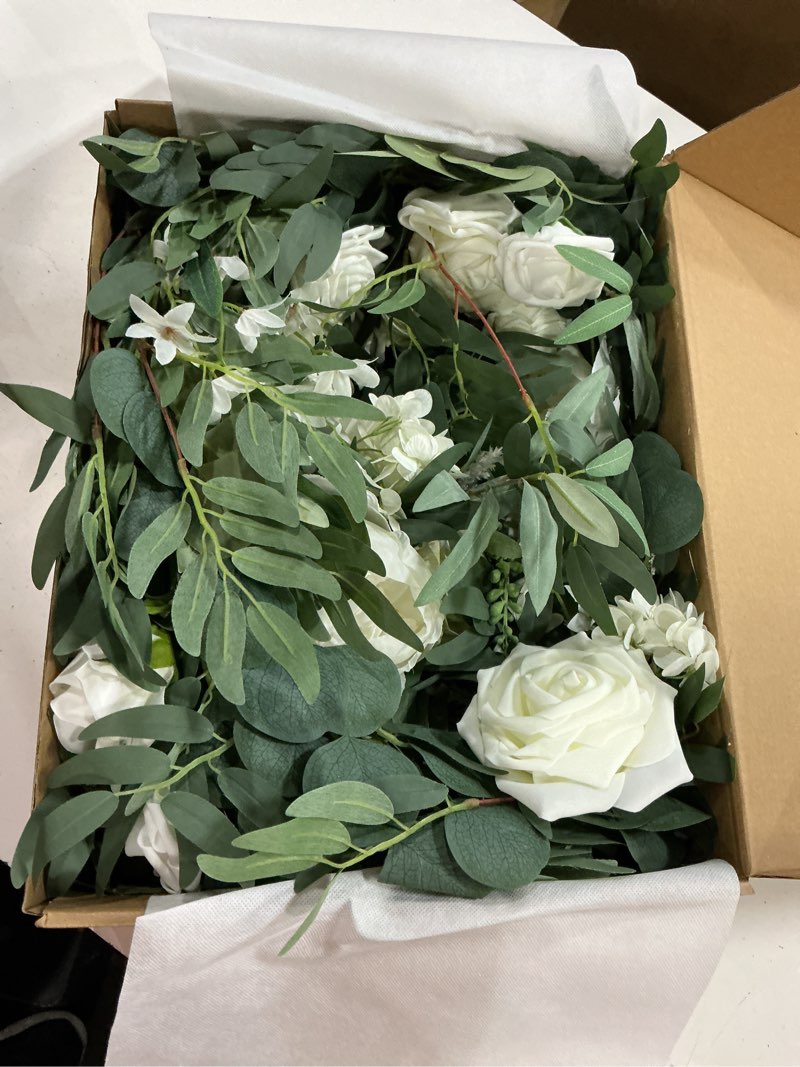 Condition photo showing New/Like New for ling's moment 9ft spring flower garland for backdrop decorations - wedding arch flowers, eucalyptus & rose, artificial floral garland for mantel - sweetheart table decor for reception, white & sage wht-sage green