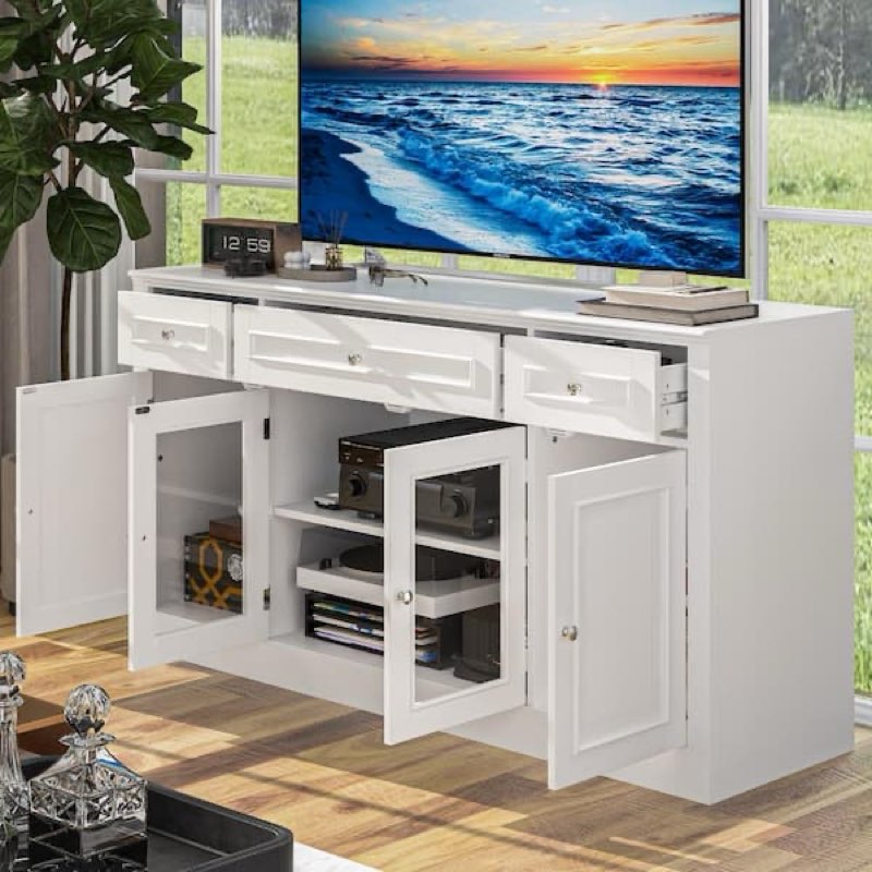 White Wood Entertainment Center TV Stand for TVs up to 75 in. with Tempered Glass Door Media TV Console, Drawers