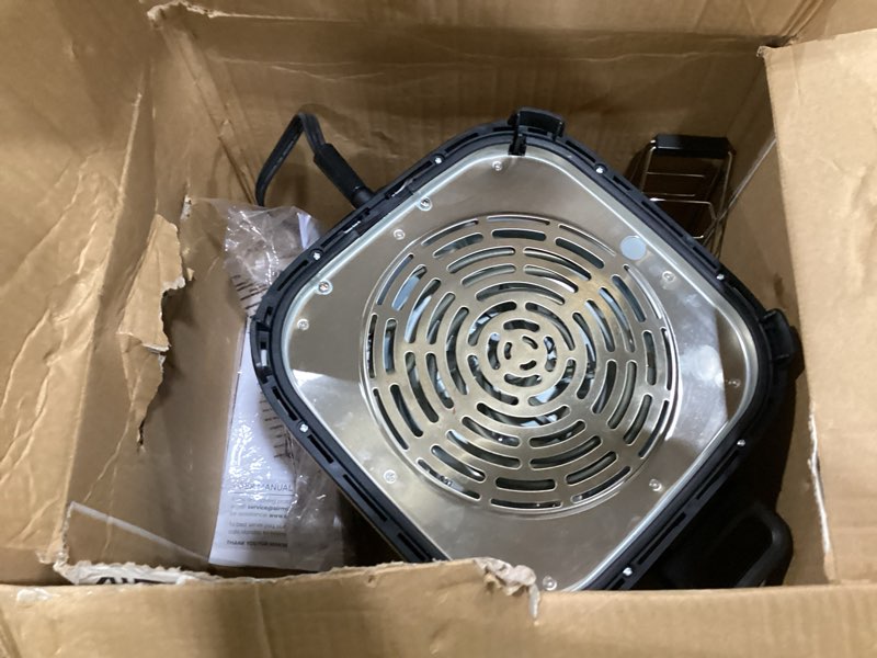 Condition photo showing As Is for kismile glass air fryer non toxic, 1550w portable airfryer with dual bowl design (4.5qt + 1.8qt), 4 cooking modes + diy control, microwave & dishwasher safe, 95% less oil, crisp, grill, bake, roast