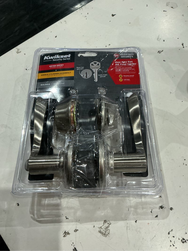 Condition photo showing As Is for kwikset smartkey security balboa satin nickel deadbolt and entry door knob kw1 2-3/4 in.