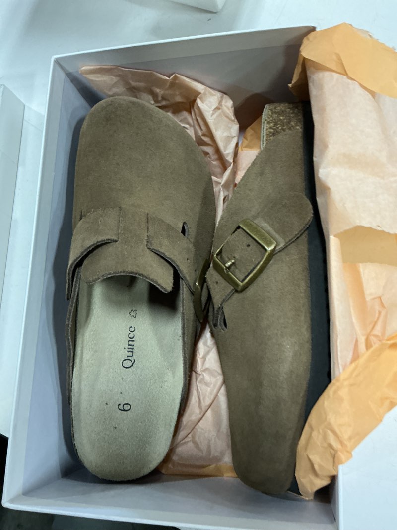 Condition photo showing As Is for water repellent suede clog mule, 6, cafe