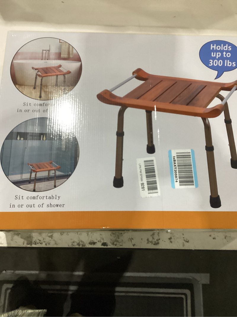 Condition photo showing New/Like New for Teak Shower Bench with Handles, Shower Chair for Inside Shower, Height Adjustable Stool, Attached Shower Head Holder Skid pad, Supports Up to 300 Lbs Both Indoor and Outdoor use