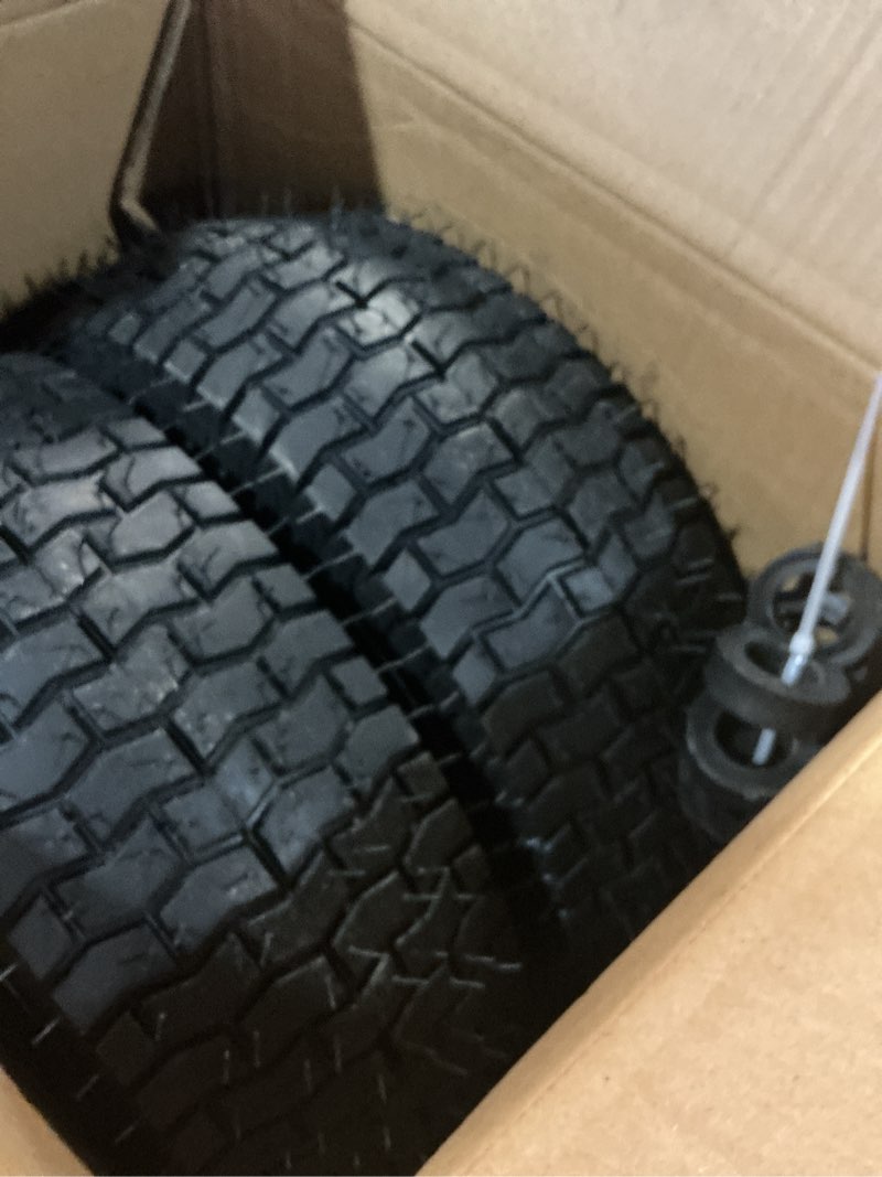 Condition photo showing New/Like New for 13x5.00-6 tire and wheel, set of 2 rubber pneumatic riding lawn mower tires, heavy duty lawn mower wheels with 3/4" bushings and 6.6" centered hub, tractor & lawnmower tires