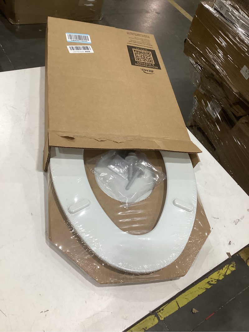 Condition photo showing New/Like New for church toilet seat, easy clean hinges release for deep cleans, durable enameled wood seat, elongated, white elongated white