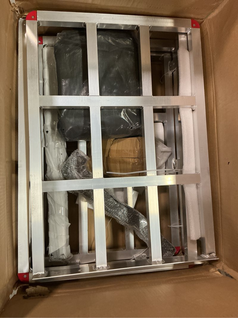 Condition photo showing As Is for (MISSING AN ARM PIECE) lugglage Basket, Folds Flat, Heavy Duty Hitch Cargo Basket with Waterproof Bag (Aluminum 60x20x7) Aluminum 60x20x7"