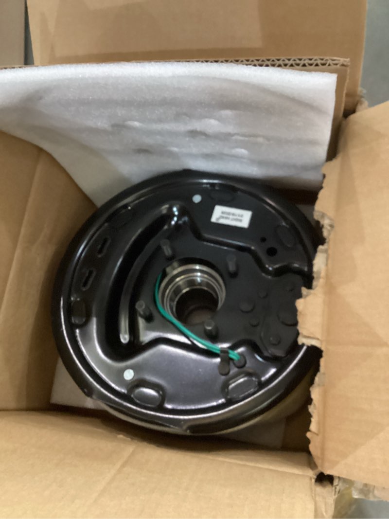 Condition photo showing As Is for trailer axle electric brake kit, pair of 5-hole, 4.5" bolt circle brake drum with 10" x 2 1/4" self-adjusting electric brakes for 3500 lb axles, replacement 10” brake hub drum assembly 10" x 2 1/4" 5-4.5" for 3500lb