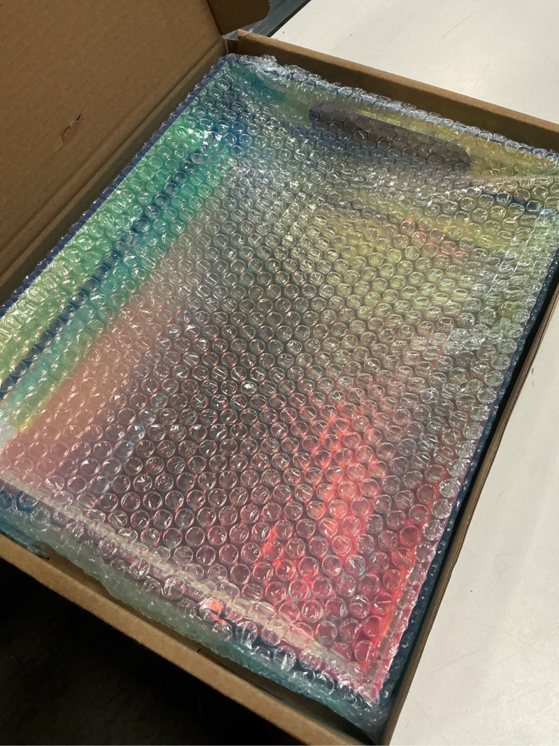 Condition photo showing New/Like New for iridescent acrylic serving tray 10x10 inches, spill resistant, with handles and silicone pads, clear acrylic decorative makeup tray organiser for living rooms, kitchens, bathrooms and offices 10" x 10" x 2"