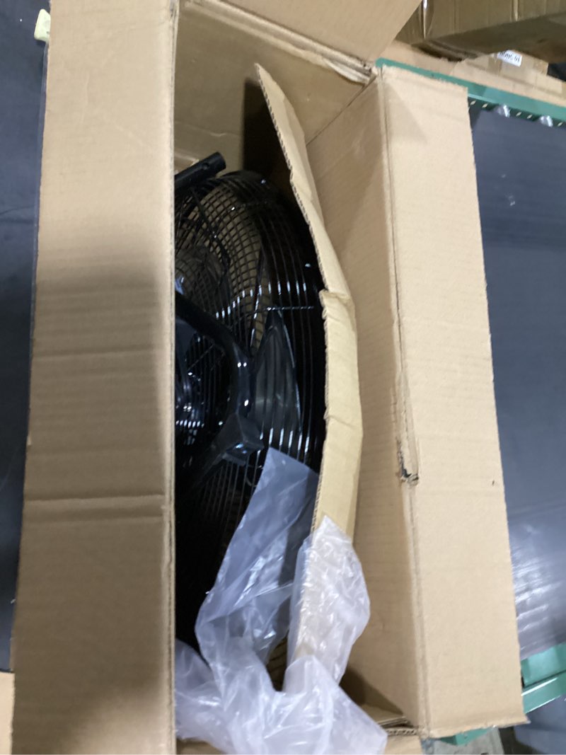 Condition photo showing As Is for amazon basics 20" high velocity industrial fan, floor fan, with 3 speeds, tilt head, etl-listed safety compliance, metal housing/blades, ideal for industrial/commercial space/garage/gym, 125w, black