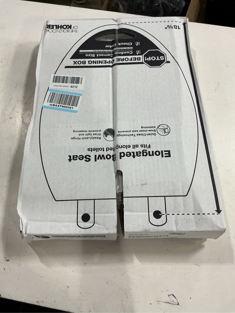 Condition photo showing New/Like New for kohler 4636-rl-0 cachet readylatch elongated slow close toilet seat, soft close toilet seat quiet lid, contoured grip-tight bumpers installation hardware, apartment essentials, white white elongated ready latch