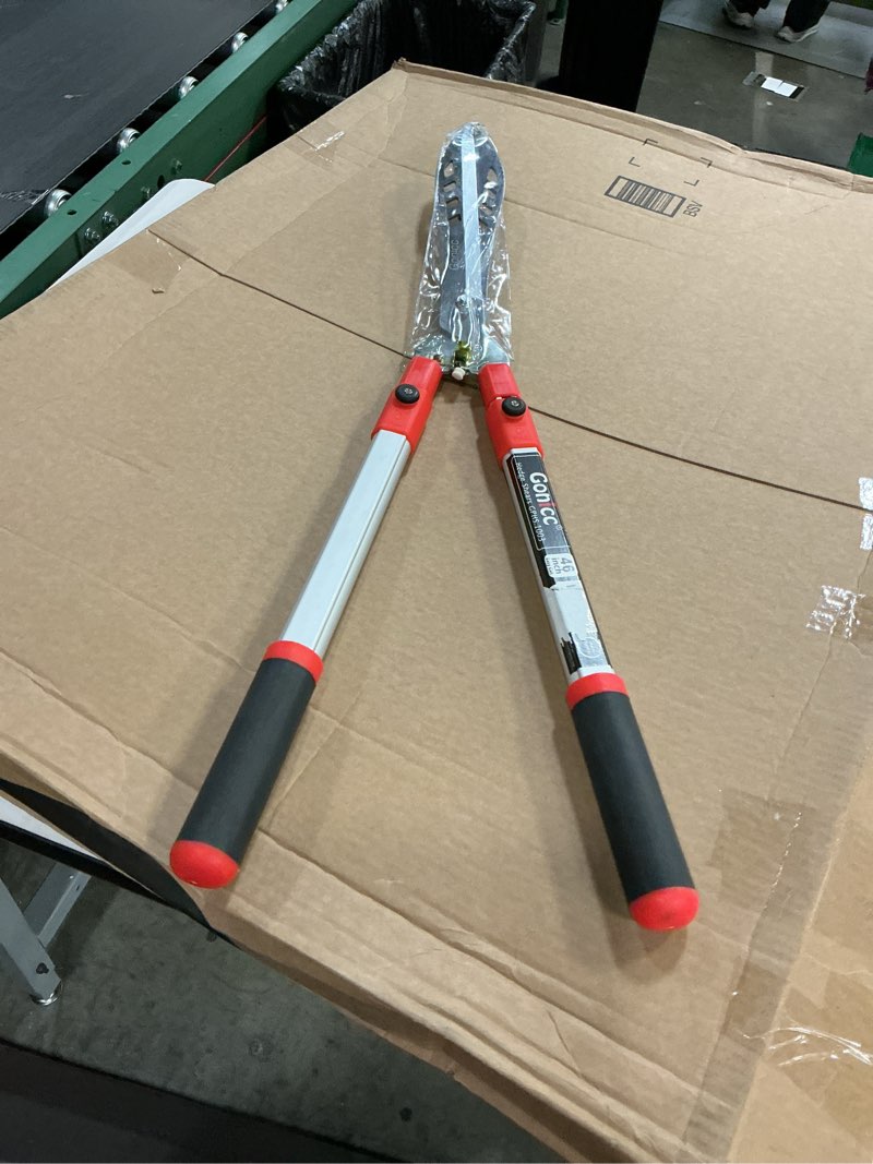 Condition photo showing New/Like New for gonicc professional adjustable 33"+ 13" hedge shears. handle length range 19"-32", with wavy sk-5 steel blade, adjustable blade pressure,garden pruning hand hedge trimmers, grass clippers shears
