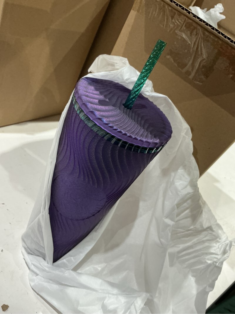 Condition photo showing New/Like New for pack of 4 starbucks wavy plastic cold cup, 24 oz, reusable tumbler with straw and lid, textured wave design, bpa-free, purple with embossed siren logo(pack of 4)