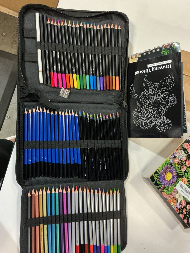 Condition photo showing Good Condition for prina 81 drawing set sketching kit, pro sketch pencils art supplies with rainbow, colored, graphite, watercolor, metallic, charcoal pencil, sketchbook, coloring book, gift case for artists adults kids