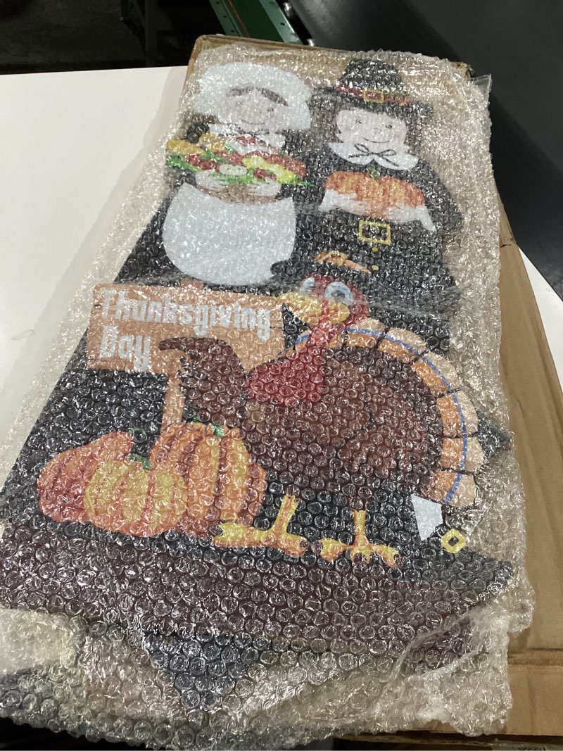 Condition photo showing Good Condition for Soaoo 32 Inch Thanksgiving Porch Sign Standing Decor Thanksgiving Yard Signs Wooden Pumpkin Element Decor for Fall Autumn Party Outdoor Decoration(Pilgrim)