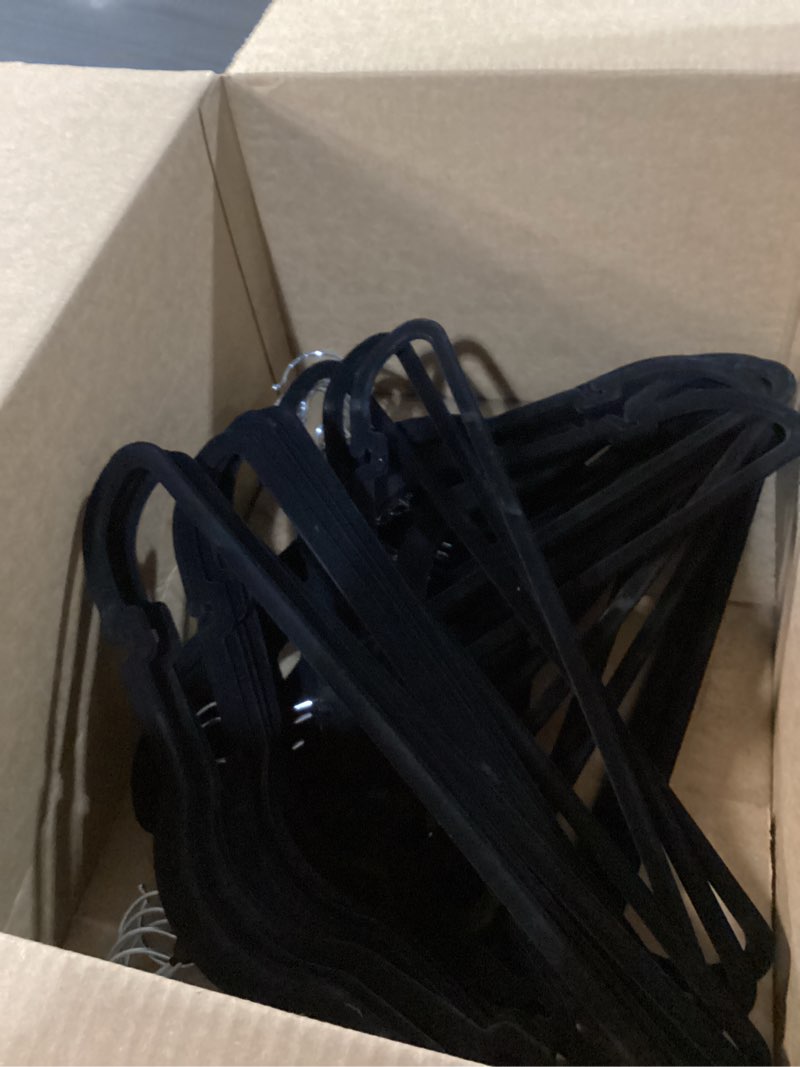 Condition photo showing As Is for songmics velvet hangers 60 pack, non-slip clothes hangers with shoulder notches, pants bar, 360° swivel hook, space-saving, for closet, ink black ucrf030b01 ink black 60 pack