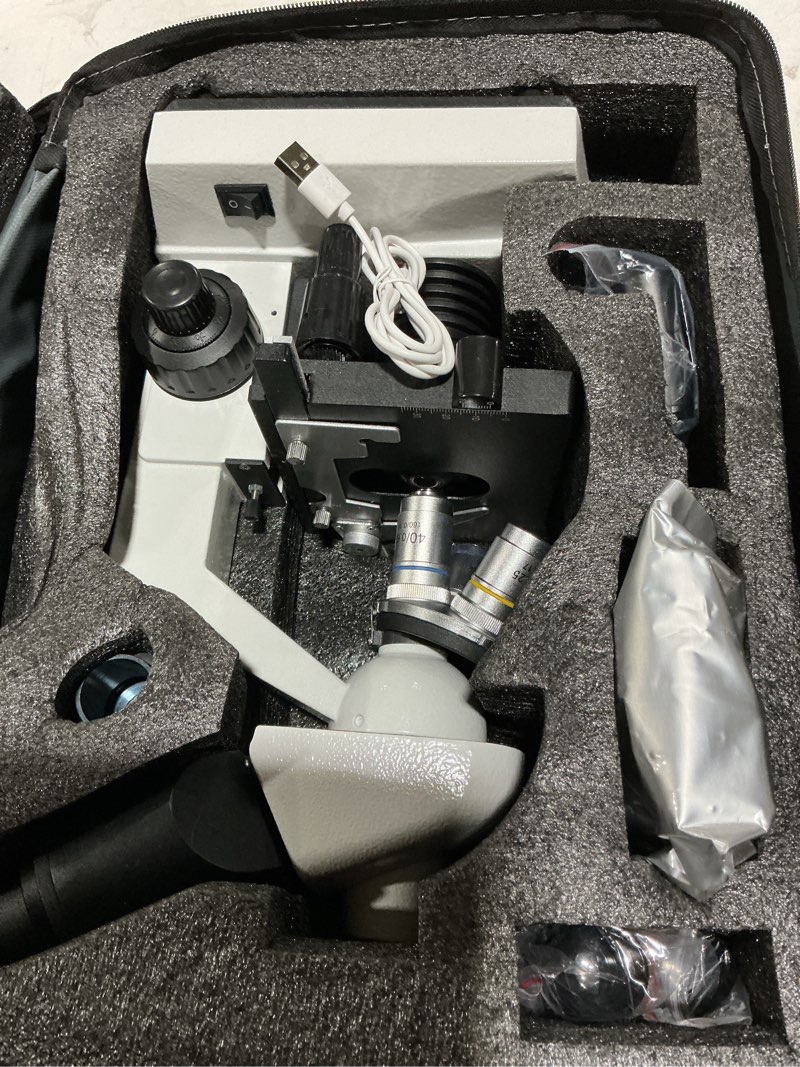 Condition photo showing Good Condition for compound trinocular microscope, 40x-5000x magnification, research grade professional microscope with usb camera and mechanical stage, microscope for adults smxwj-02