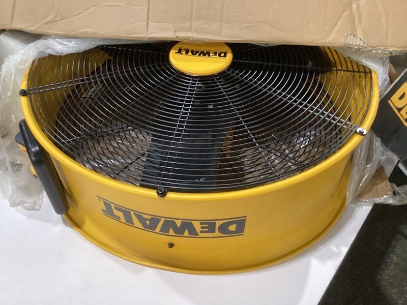 Condition photo showing New/Like New for DEWALT DXF2490 High Velocity Fan, Floor Fans, 24 Inch Large Electric Metal Rotating Industrial Fan with 360° Adjustable Tilt & Large Wheel, Drum Fans for Outdoor and Warehouse, Yellow, NOT TESTED