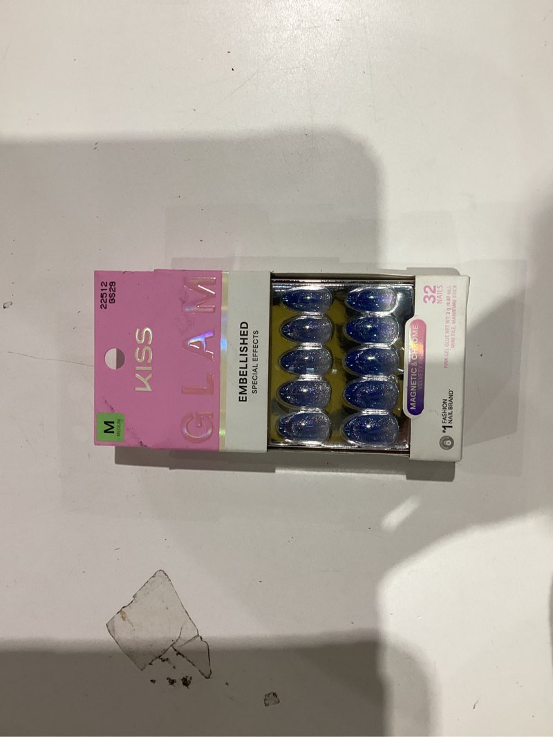 Condition photo showing New/Like New for KISS GLAM Embellished Press On Nails Almond, Glow Forever, Blue, Medium, 32 Count