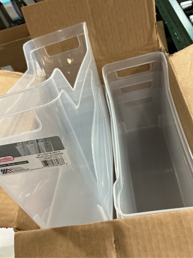 Condition photo showing New/Like New for sterilite narrow shelf bin with handles, plastic storage container for organizing shelving, closet, pantry, and countertops, clear, 6-pack