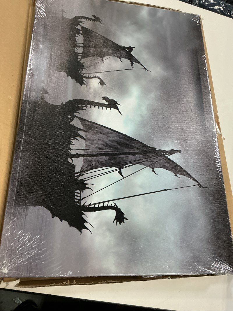Condition photo showing New/Like New for pacimo black and white canvas wall art, vikings ship framed wall decor for home, dragon boat modern wall art for living room bedroom bathroom office stretch and framed ready to hang 16"x24" artwork-06 16w