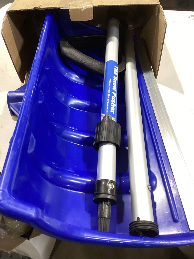 Condition photo showing Good Condition for Snow Pusher Shovel for Driveway Car Garage, 24 Inch Snow Removal Plow with D-Grip Handle Aluminum Strip, Ergonomic Heavy Duty Wide Snow Shovel for Home Outdoor, Blue