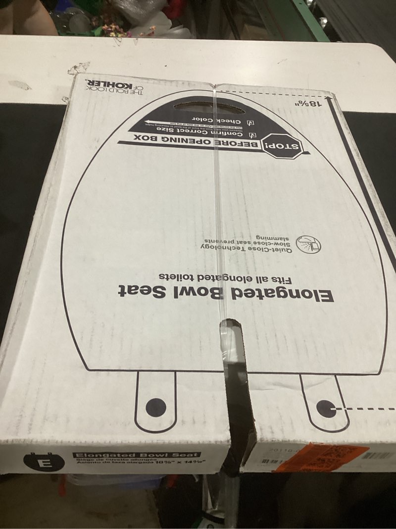 Condition photo showing New/Like New for kohler 20110-0 brevia, slow close toilet seat, elongated toilet seat, grip-tight bumpers quick-attach hardware, white white elongated quiet-close