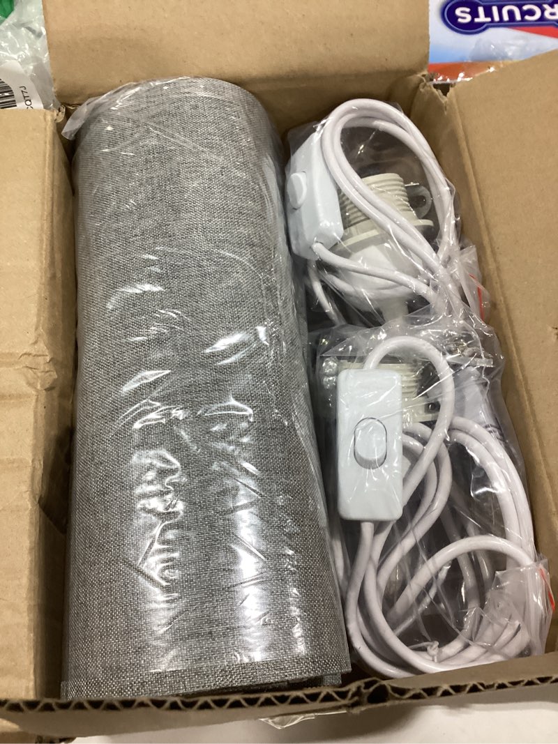 Condition photo showing Good Condition for wall sconces set of 2, plug in wall sconces with on/off switch, 3-color selectable (3000k/4000k/6000k), fabric linen lamp shades, no wiring required, ideal for bedroom, living room, and porch (grey) gray