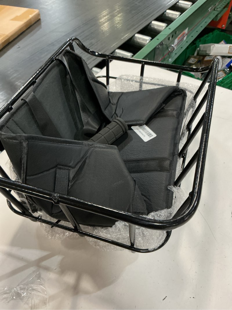 Condition photo showing As Is for bike basket rear, large bicycle basket with cargo net, liner and waterproof cover for electirc bike, ebike and bikes, large capacity wire bakset 12.2"d x 16.9"w x 7.1"h