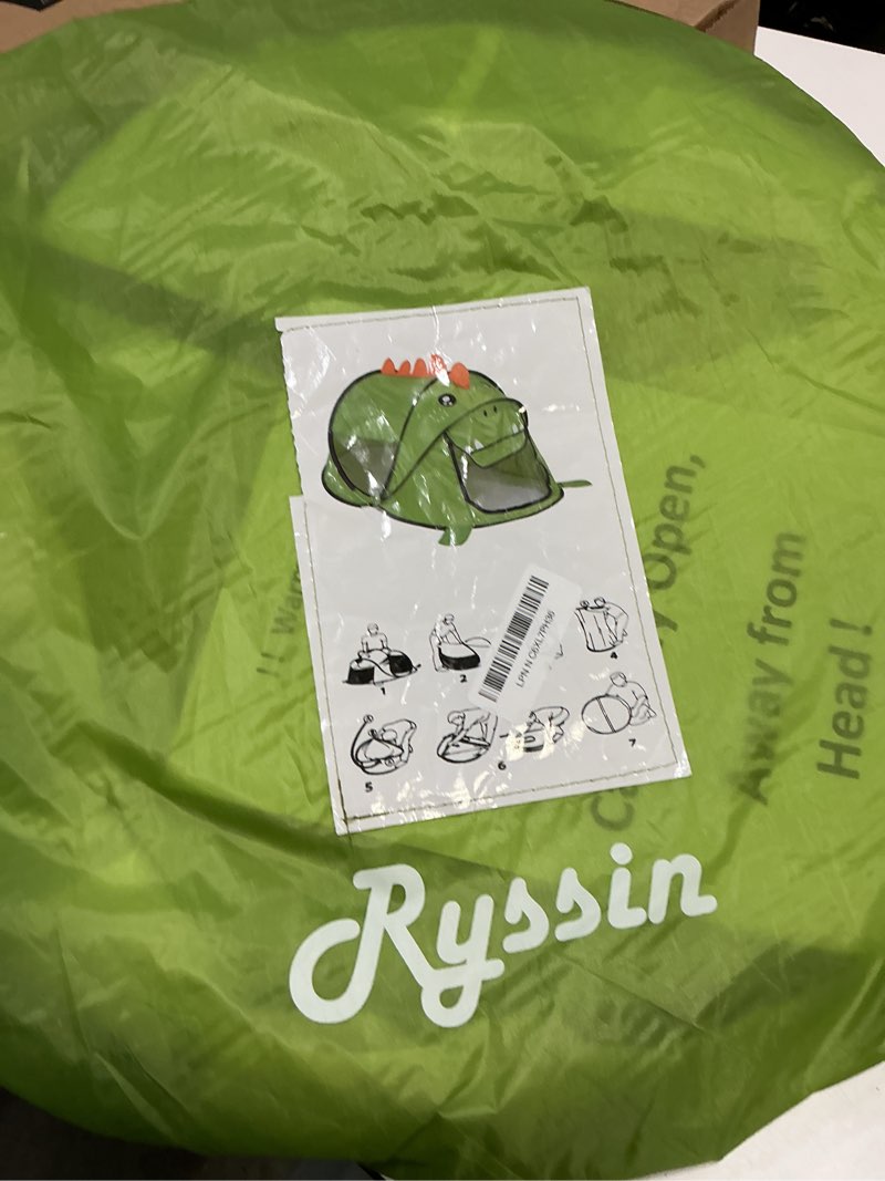 Condition photo showing As Is for pop up kids play tent, foldable kids playhouse indoor outdoor toys tents for boys girls toddlers birthday with portable storage bag, green dinosaur dinosaur tent
