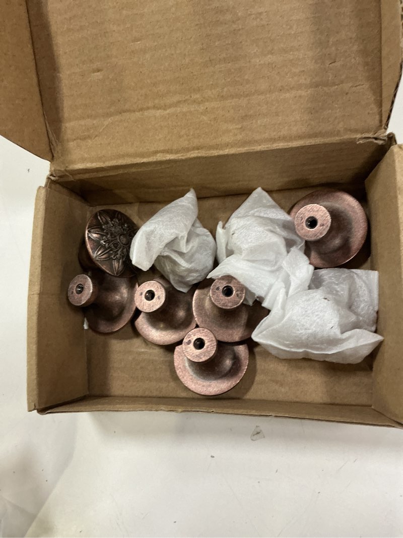 Condition photo showing Good Condition for 9 pieces antique copper cabinet hardware, 1-2/5\" round vintage copper knobs and pulls for dresser drawers and kitchen cabinets antique copper 10