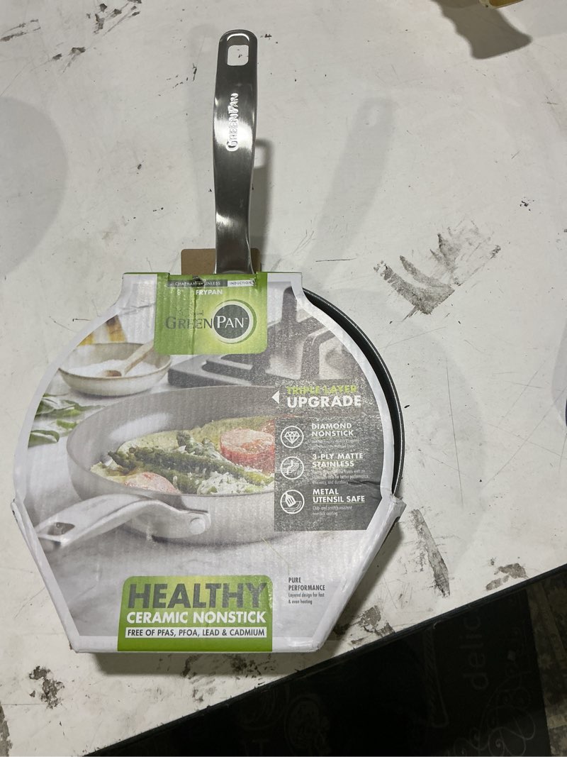 Condition photo showing New/Like New for greenpan chatham tri-ply stainless steel healthy ceramic nonstick 8" frying pan skillet, pfas-free, induction suitable, dishwasher safe, silver 8" frying pan skillet silver